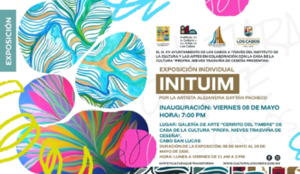Colorful promotional poster for the INITUI M art exhibition by Alejandra Gaytán Pacheco, with event details and logos.