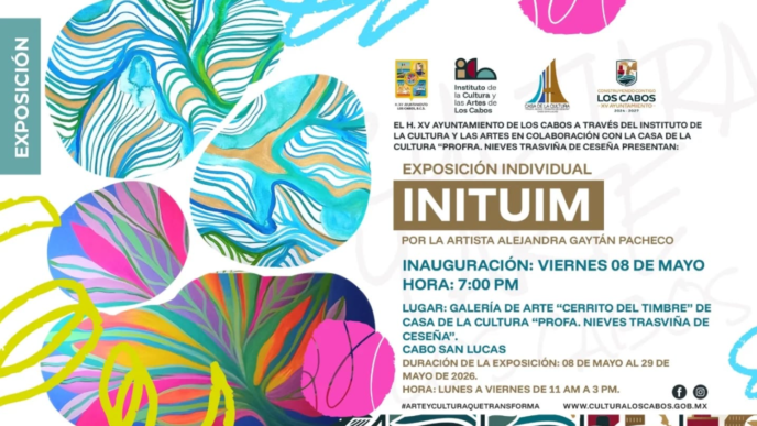 Colorful promotional poster for the INITUI M art exhibition by Alejandra Gaytán Pacheco, with event details and logos.
