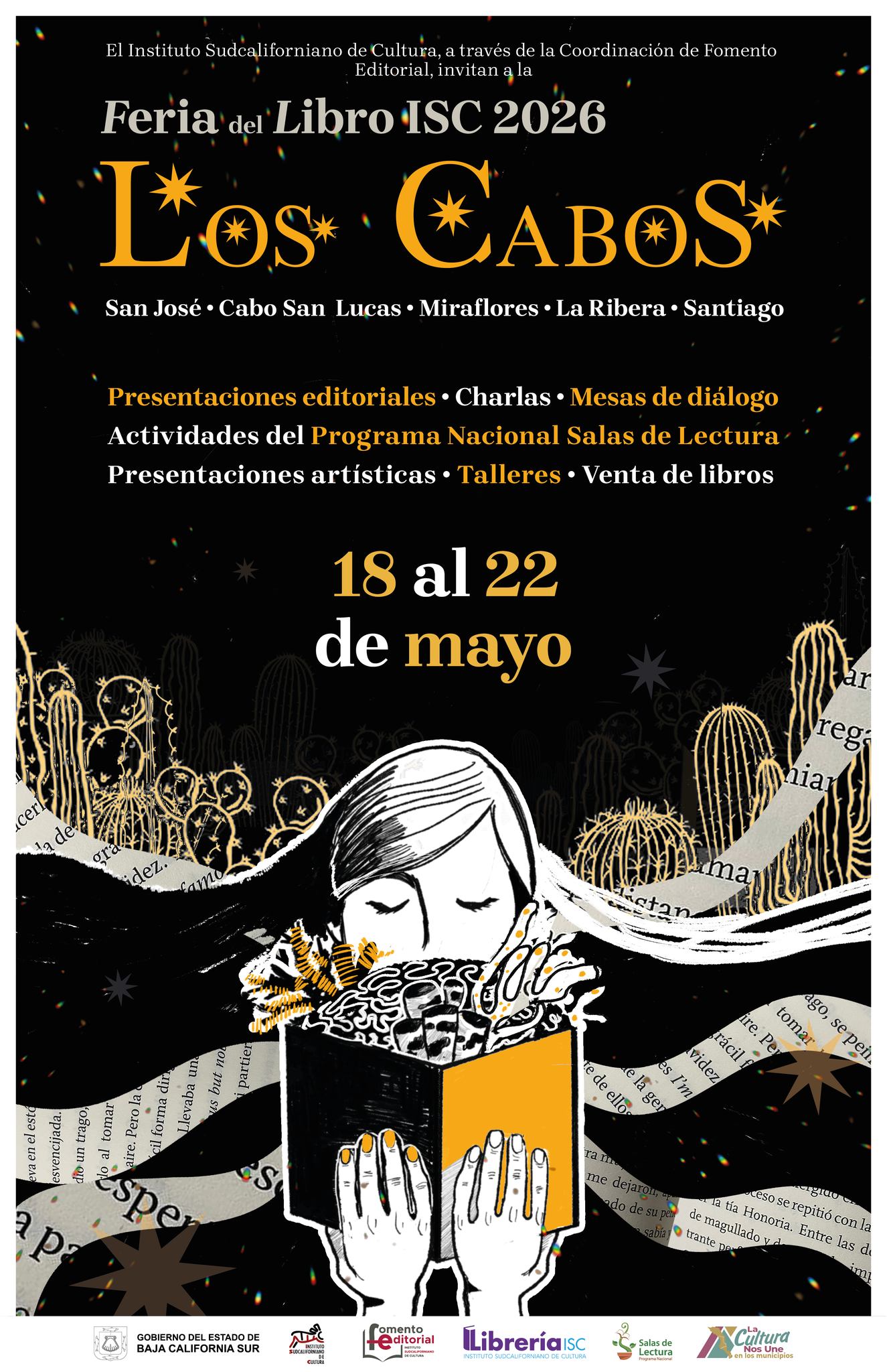 Cartel de la Feria del Libro ISC 2026 en Los Cabos, con presentaciones, charlas y talleres, del 18 al 22 de mayo.