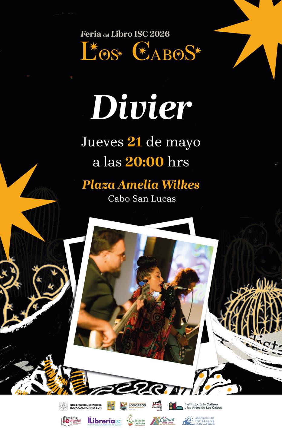 Cartel de la Feria del Libro ISC 2026 de Los Cabos con la actuación de Diver: jueves 21 de mayo, 20:00 h, Plaza Amelia Wilkes, Cabo San Lucas.