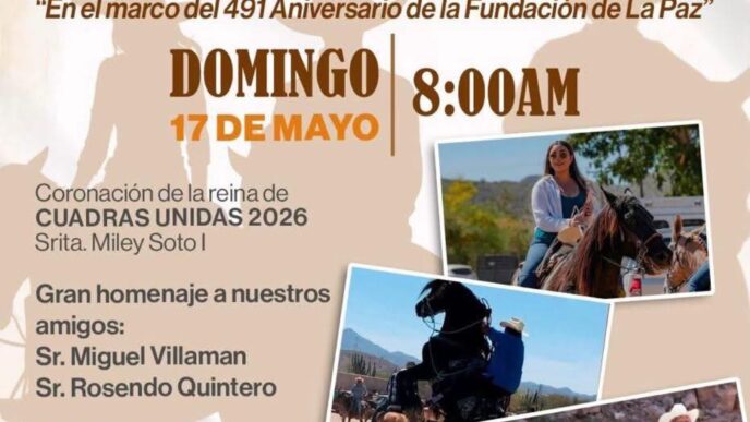 Cartel de la Gran Cabalgata 2026 con fecha y hora: domingo 17 de mayo a las 8:00 AM; siluetas de jinetes y fotos de caballos en primer plano.