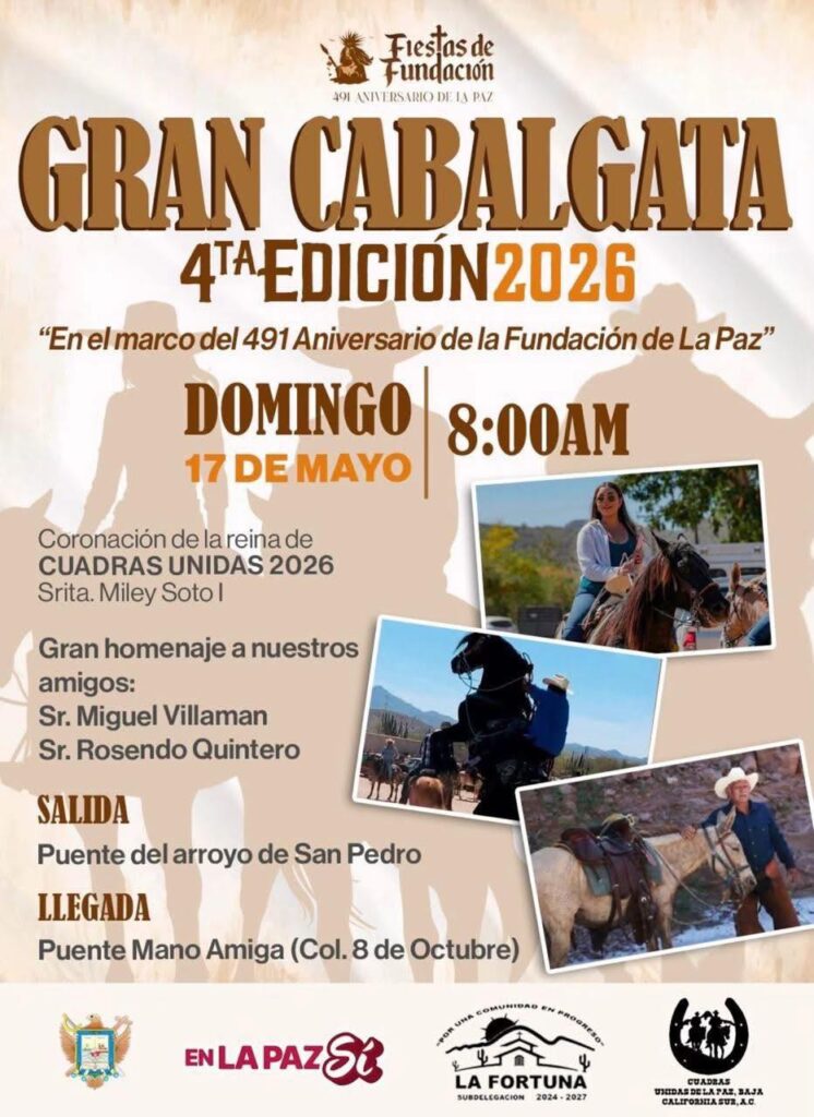 Cartel de la Gran Cabalgata 2026 con fecha y hora: domingo 17 de mayo a las 8:00 AM; siluetas de jinetes y fotos de caballos en primer plano.