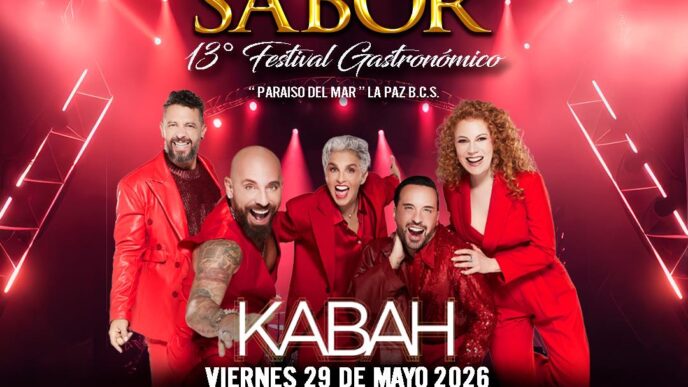 Poster for 'La Pazión por el Sabor' 13th Gastronomic Festival at Paraíso del Mar, La Paz, with five performers in red and the date May 29, 2026.
