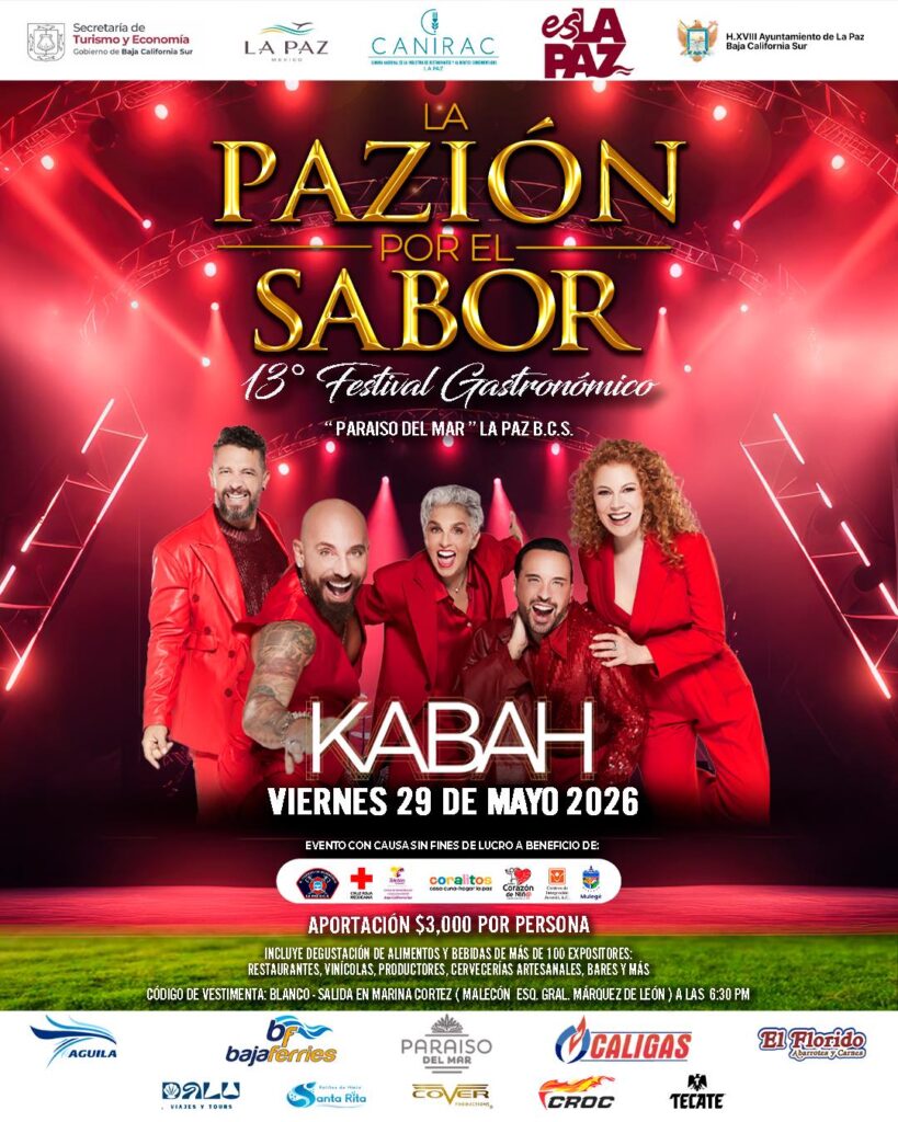 Poster for 'La Pazión por el Sabor' 13th Gastronomic Festival at Paraíso del Mar, La Paz, with five performers in red and the date May 29, 2026.