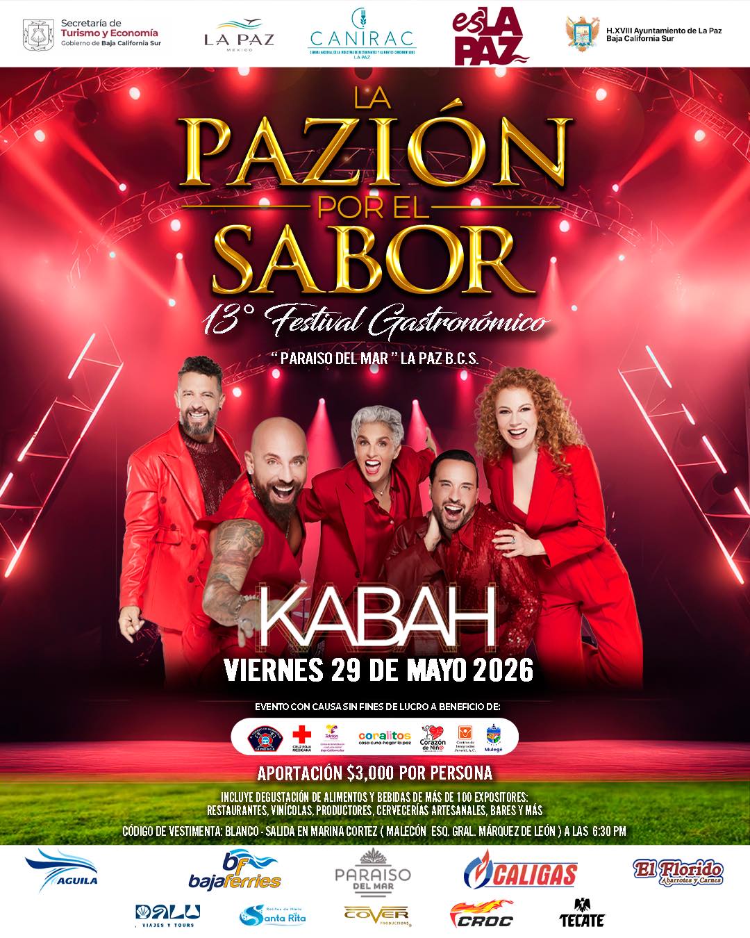 Poster for 'La Pazión por el Sabor' 13th Gastronomic Festival at Paraíso del Mar, La Paz, with five performers in red and the date May 29, 2026.