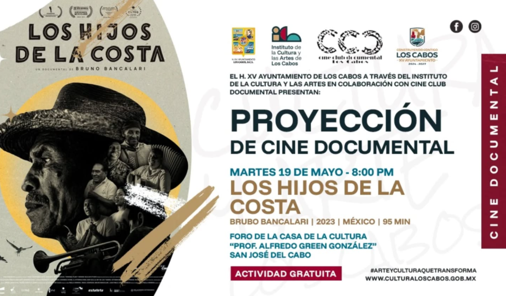 Promotional poster for the documentary 'Los Hijos de la Costa' showing a man's face in a hat on the left and event details on the right, in Spanish.