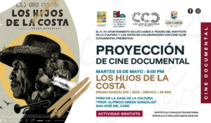 Los hijos de la costa Promotional poster for the documentary 'Los Hijos de la Costa' showing a man's face in a hat on the left and event details on the right, in Spanish.