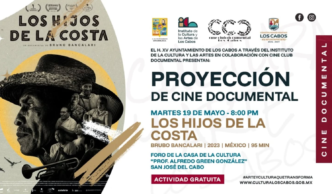 Promotional poster for the documentary 'Los Hijos de la Costa' showing a man's face in a hat on the left and event details on the right, in Spanish.