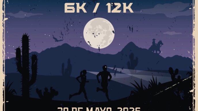 Poster for Luz de Luna 5K/12K trail run in the Don Diablo Trail Series, with a full moon over a desert silhouette.