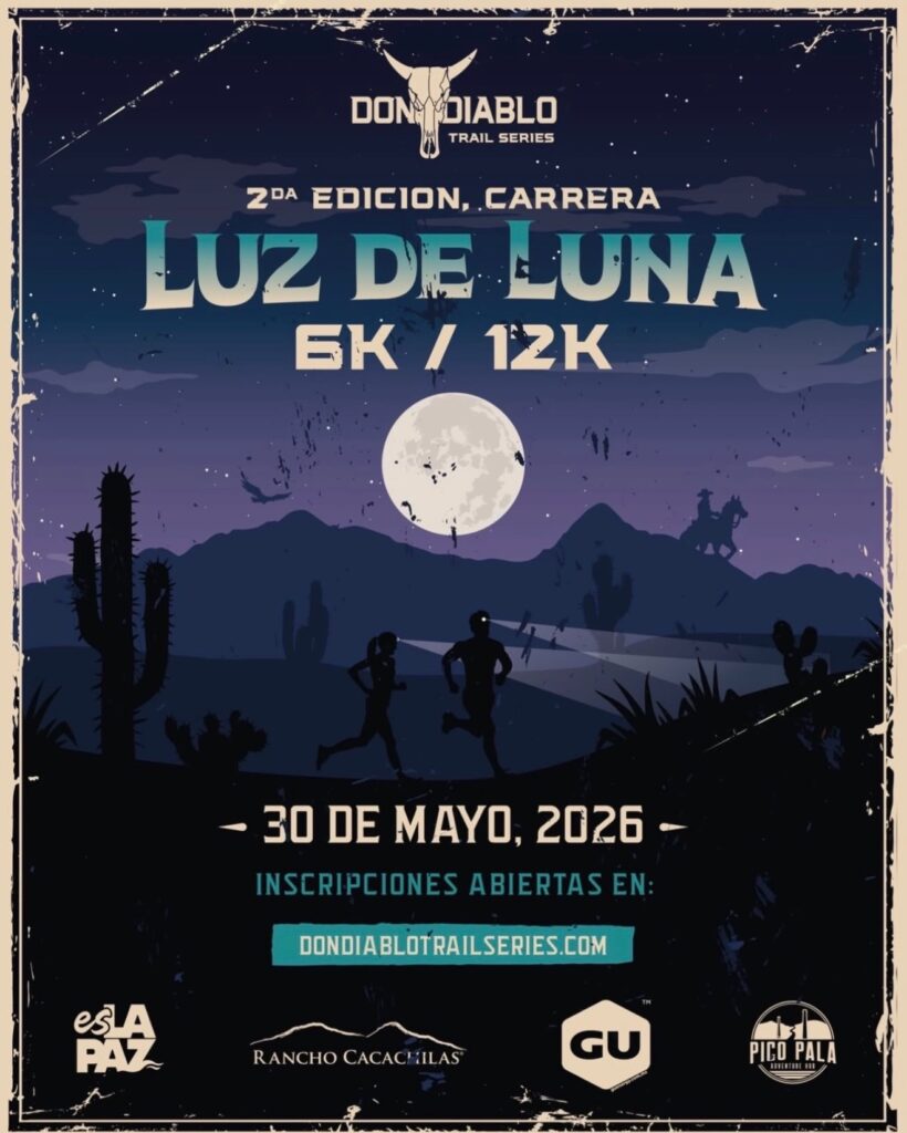 Poster for Luz de Luna 5K/12K trail run in the Don Diablo Trail Series, with a full moon over a desert silhouette.
