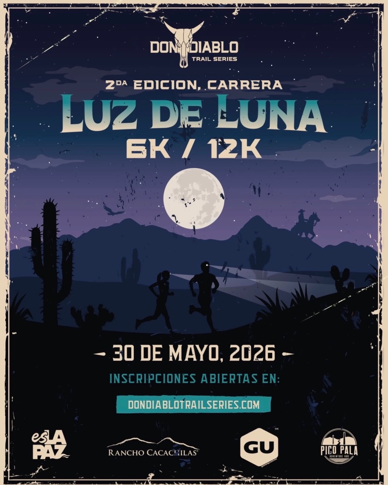 Poster for Luz de Luna 5K/12K trail run in the Don Diablo Trail Series, with a full moon over a desert silhouette.