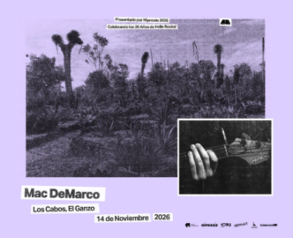 Event poster for Mac DeMarco at Los Cabos, El Ganzo, on November 14, 2026; purple-toned landscape with palm trees and a small inset photo of hands playing guitar.