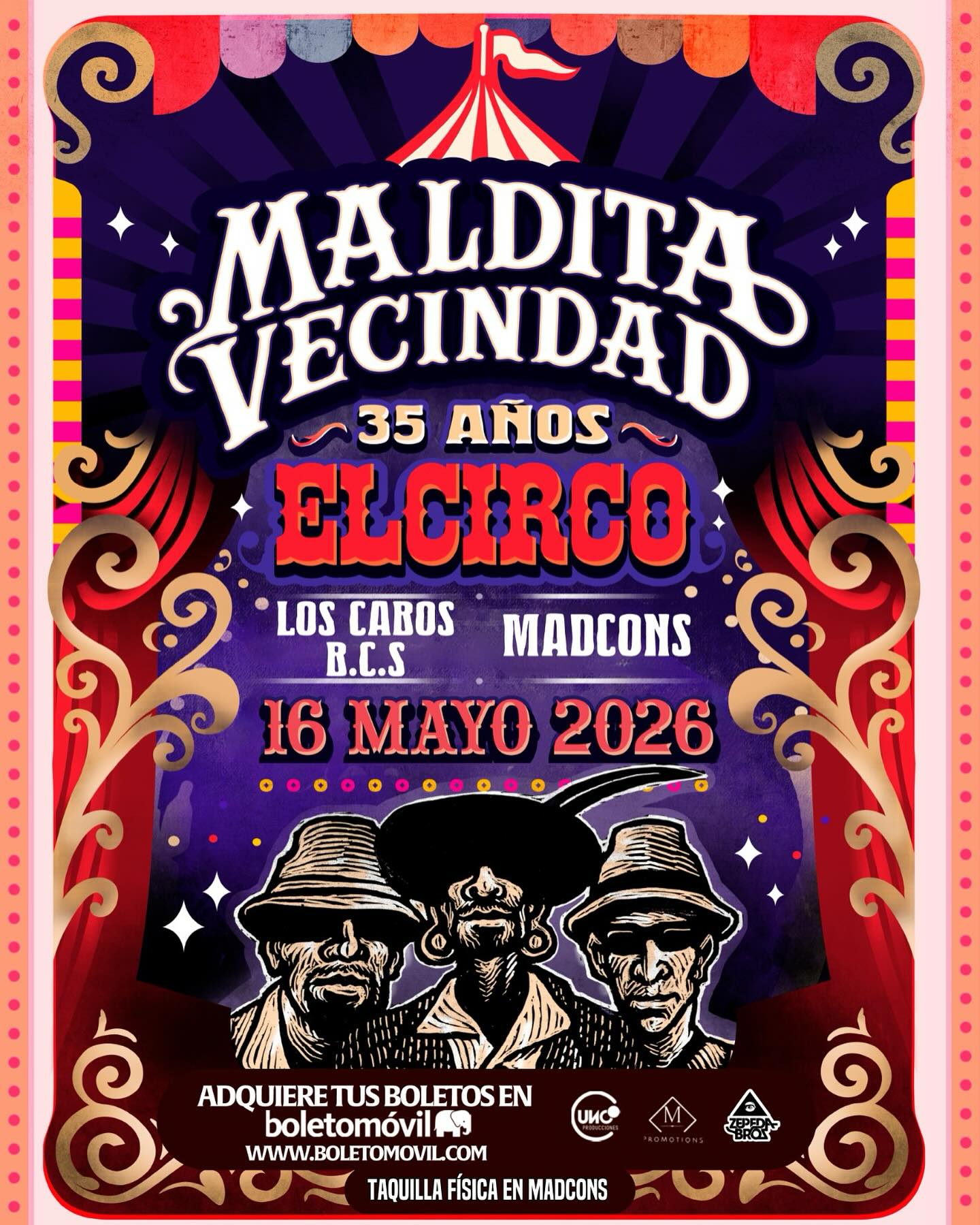 Poster for Maldita Vecindad 35 años: El Circo concert; colorful carnival design with three band members in hats, May 16, 2026.