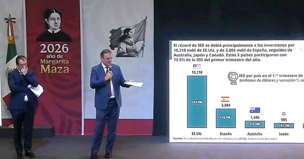 Two men in suits giving a presentation on a stage beside a large slide showing a bar chart of IED by country, with a banner reading '2026 año de Margarita Maza' on the left.