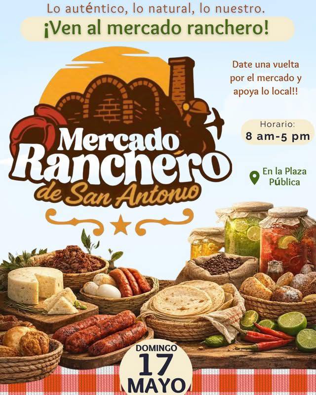 Mercado Ranchero de San Antonio: puestos de comida y tarimas, con queso, embutidos y frascos; invita a un mercado rústico al aire libre en domingo 17 de mayo de 8 am a 5 pm en la Plaza Pública.