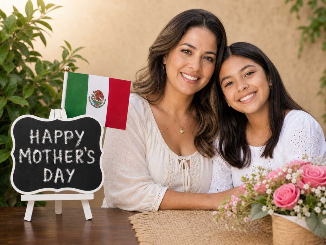 Mother and daughter smiling together at a Mother's Day setup with a chalkboard sign, a small Mexican flag, and pink flowers on the table.