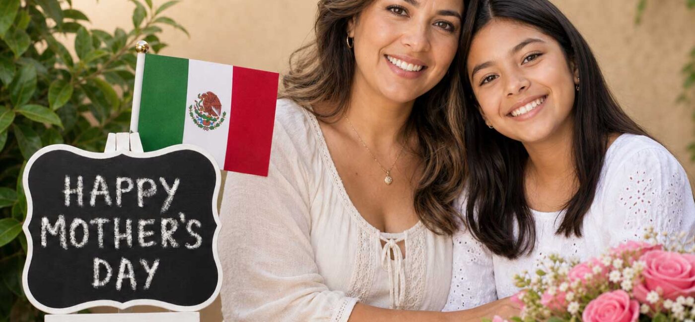 Mother and daughter smiling together at a Mother's Day setup with a chalkboard sign, a small Mexican flag, and pink flowers on the table.