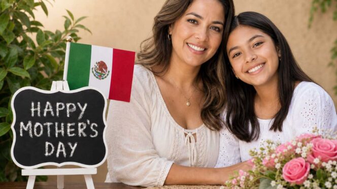 Mother and daughter smiling together at a Mother's Day setup with a chalkboard sign, a small Mexican flag, and pink flowers on the table.