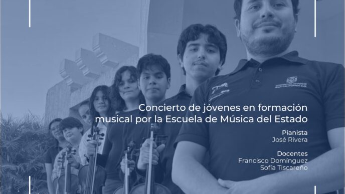 Cartel para Noche de Museo: concierto de jóvenes de la Escuela de Música del Estado, fecha Mayo 20, 17:00 hrs, entrada libre (Baja California Sur).