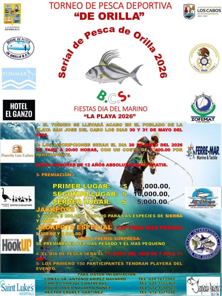 Promotional poster for the 2026 coastal fishing tournament 'Torneo de Pesca Deportiva de Orilla 2026' featuring a central fish illustration, surrounding sponsor logos, and event details (dates, prizes).