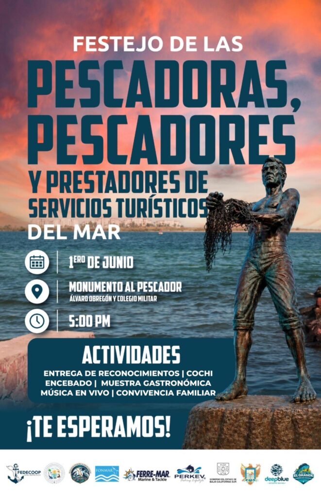 Pescadores y pescadoras y servicios - Gringo Gazette Cartel promocional en español anunciando el Festejo de las pescadoras y pescadores y prestadores de servicios turísticos del mar, con estatua junto al mar al atardecer.