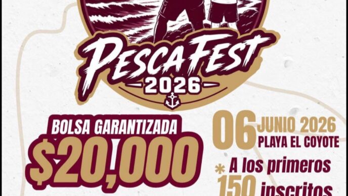Poster for Pescafest 2026 showing two fishermen at a beach sunset, with prize money ($20,000) and date (June 6, 2026) at Playa El Coyote; includes QR code for registration/convocatoria.