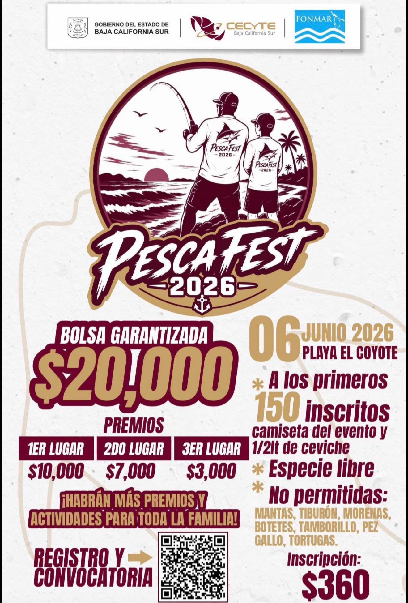 Poster for Pescafest 2026 showing two fishermen at a beach sunset, with prize money ($20,000) and date (June 6, 2026) at Playa El Coyote; includes QR code for registration/convocatoria.