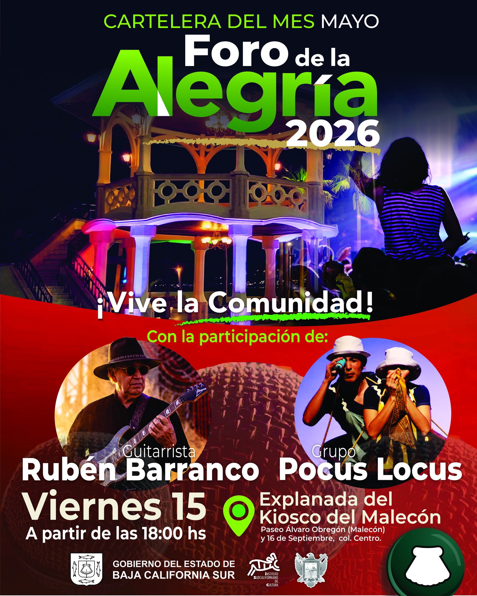 Cartel promocional del Foro de la Alegría 2026 con escenario iluminado y público en la noche.