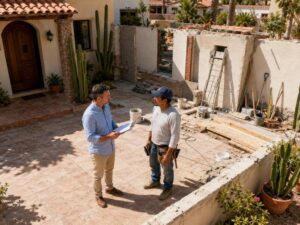 Two men at an outdoor construction site discussing plans; one holds a clipboard, the other wears a cap and tool belt, with unfinished walls, ladders, and building materials around.