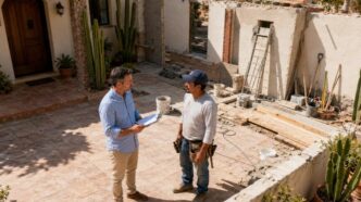 Two men at an outdoor construction site discussing plans; one holds a clipboard, the other wears a cap and tool belt, with unfinished walls, ladders, and building materials around.
