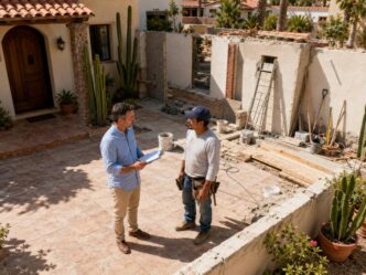 Two men at an outdoor construction site discussing plans; one holds a clipboard, the other wears a cap and tool belt, with unfinished walls, ladders, and building materials around.