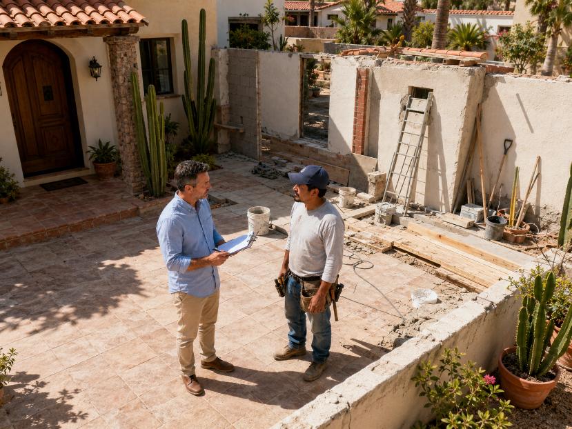 Two men at an outdoor construction site discussing plans; one holds a clipboard, the other wears a cap and tool belt, with unfinished walls, ladders, and building materials around.