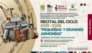 Recital del ciclo Promotional poster showing a collage of musical instruments (guitars, keyboard, violin, drums) for the Recital del Ciclo 2025-2026 'Pequeñas y grandes armonías' with event details in Spanish.