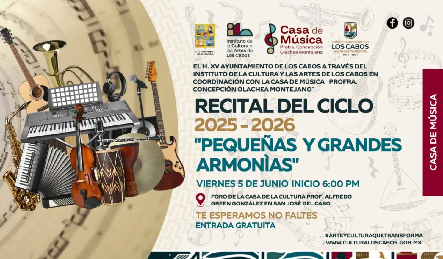 Promotional poster showing a collage of musical instruments (guitars, keyboard, violin, drums) for the Recital del Ciclo 2025-2026 'Pequeñas y grandes armonías' with event details in Spanish.