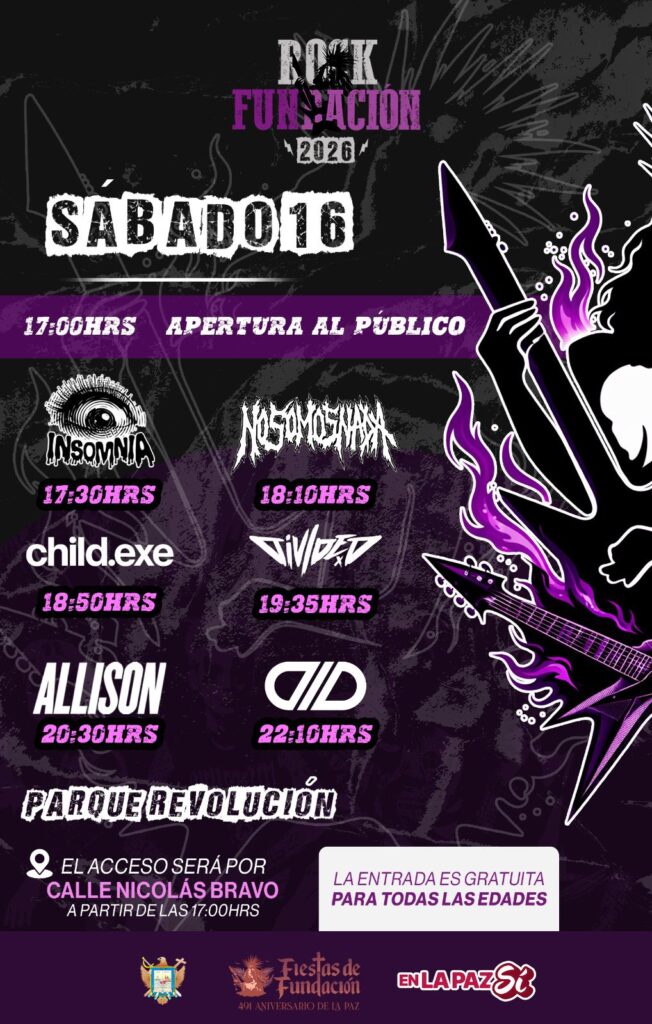 Dark, grungy rock concert poster with purple accents; lists bands and showtimes for a public evento in Spanish. Includes 'APERTURA AL PÚBLICO' and venue timing details in the lower section.