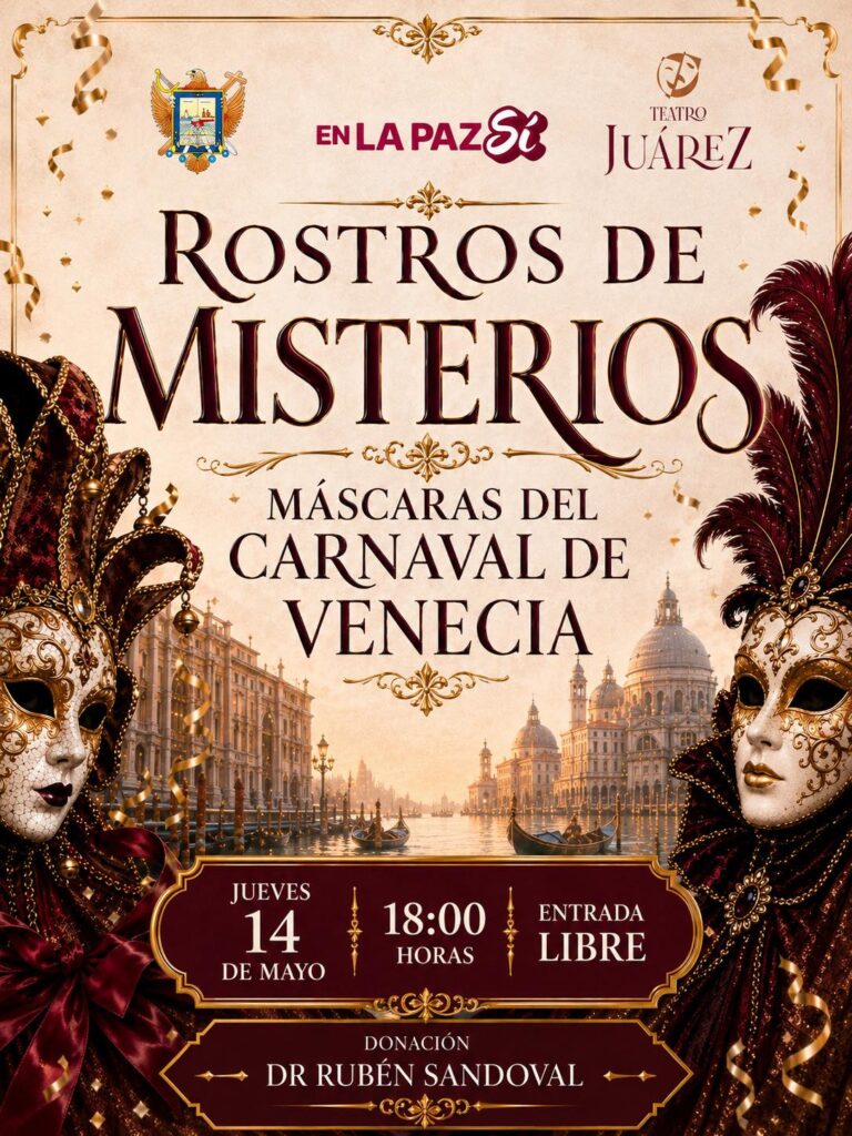 Poster for 'Rostros de Misterios' masquerade in Venice with ornate masks, canal scenery, and gold decorative borders.