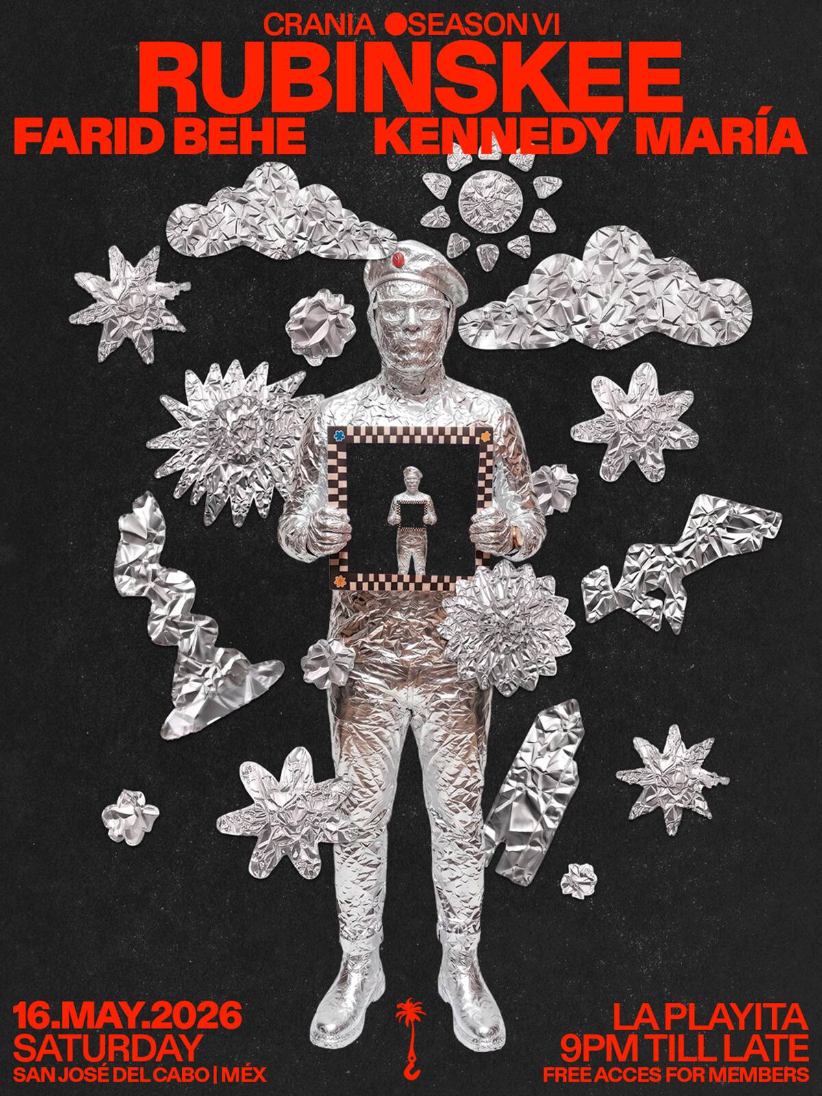 Poster featuring a silver foil-man holding a framed image of himself, surrounded by foil shapes, against a dark background; bold red text at top.