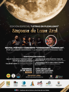 Sinfonia de luna azul Poster for 'Sinfonía de Luna Azul' with a large yellow moon, band photo, and a circular portrait; includes event details in Spanish (Recital Poético y Concierto).