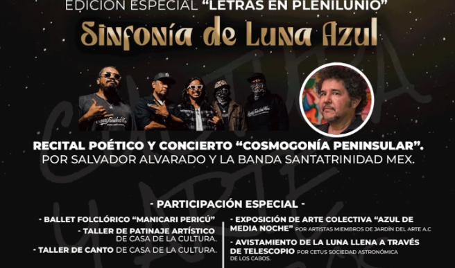 Poster for 'Sinfonía de Luna Azul' with a large yellow moon, band photo, and a circular portrait; includes event details in Spanish (Recital Poético y Concierto).
