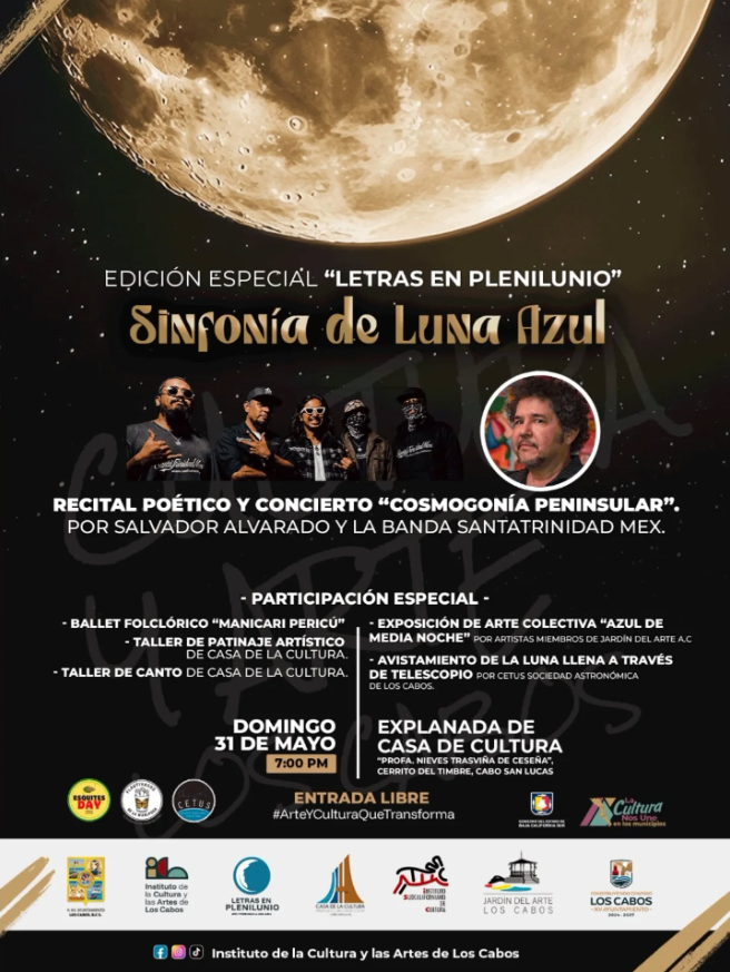 Poster for 'Sinfonía de Luna Azul' with a large yellow moon, band photo, and a circular portrait; includes event details in Spanish (Recital Poético y Concierto).