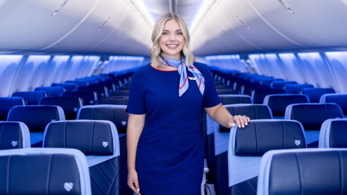 Flight attendant in a blue uniform standing in an airplane cabin with blue seats behind her in a modern jet.