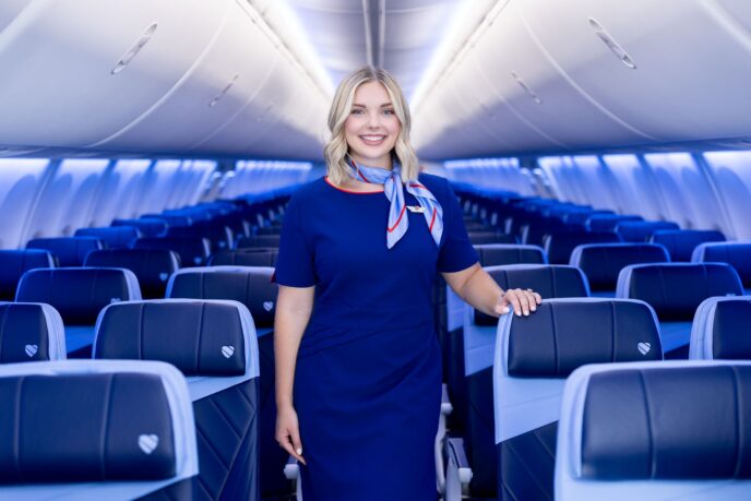 Flight attendant in a blue uniform standing in an airplane cabin with blue seats behind her in a modern jet.
