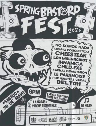 Black-and-white festival poster for Spring Bastard Fest 2026 featuring a wide-eyed cartoon monster and a wavy text bubble listing band names.