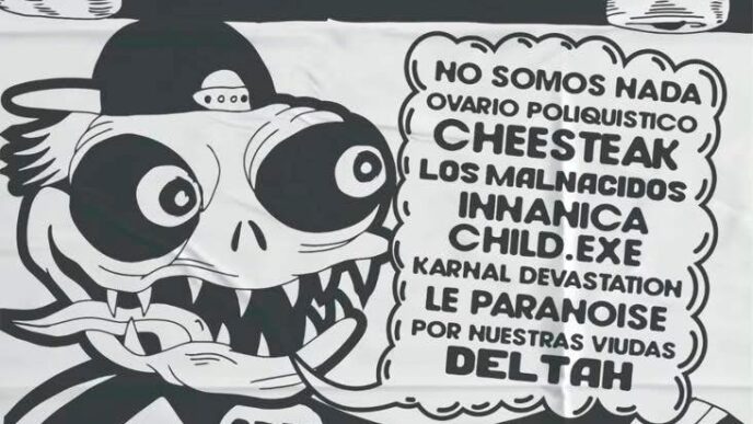 Black-and-white festival poster for Spring Bastard Fest 2026 featuring a wide-eyed cartoon monster and a wavy text bubble listing band names.
