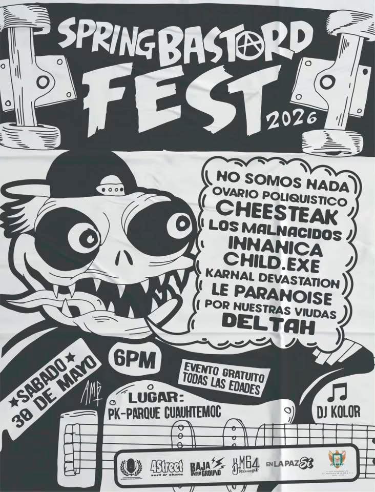 Black-and-white festival poster for Spring Bastard Fest 2026 featuring a wide-eyed cartoon monster and a wavy text bubble listing band names.