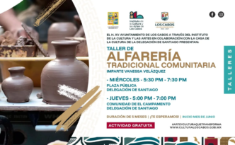 Poster for a traditional community pottery workshop showing clay pots on the left and event details on the right (Taller de Alfarería Tradicional Comunitaria).