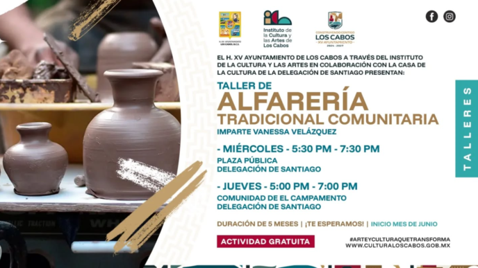 Poster for a traditional community pottery workshop showing clay pots on the left and event details on the right (Taller de Alfarería Tradicional Comunitaria).