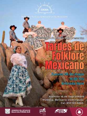 Cartel promocional en español para 'Tardes de Folklore Mexicano' con bailarines de traje tradicional posando sobre rocas en un paisaje rocoso.