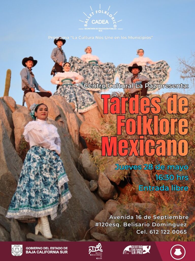 Cartel promocional en español para 'Tardes de Folklore Mexicano' con bailarines de traje tradicional posando sobre rocas en un paisaje rocoso.
