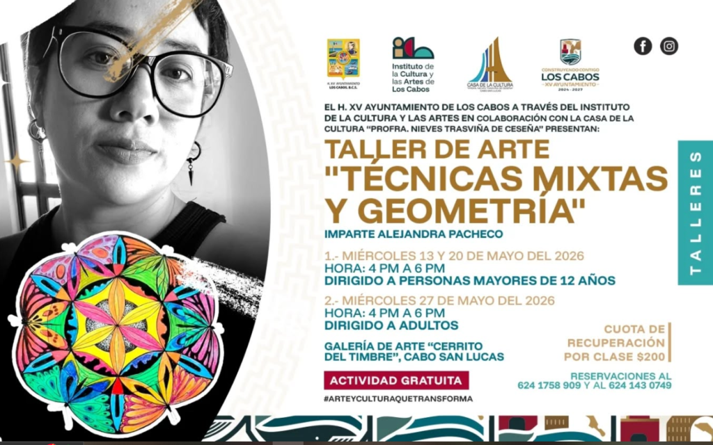 Poster advertising an art workshop titled 'Taller de Arte Técnicas Mixtas y Geometría' featuring a black-and-white photo of a woman with a colorful geometric mandala, information for adults and dates in May 2026.